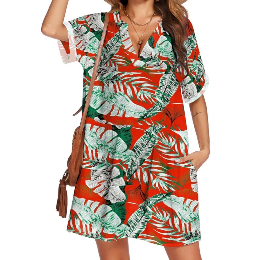 AI’MAGE A-Line Short Sleeve Swimsuit Cover Up Palm Leaf Print Red Green Size XXL